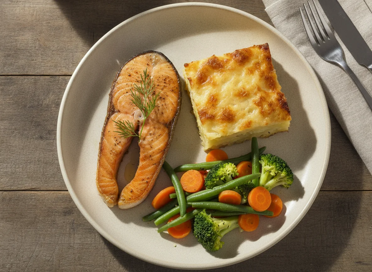 Pan-fried salmon with potato gratin and steamed vegetables photo