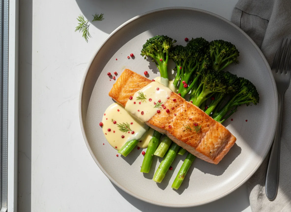 Pan-fried Salmon with Tenderstem Broccoli and Hollandaise Sauce photo