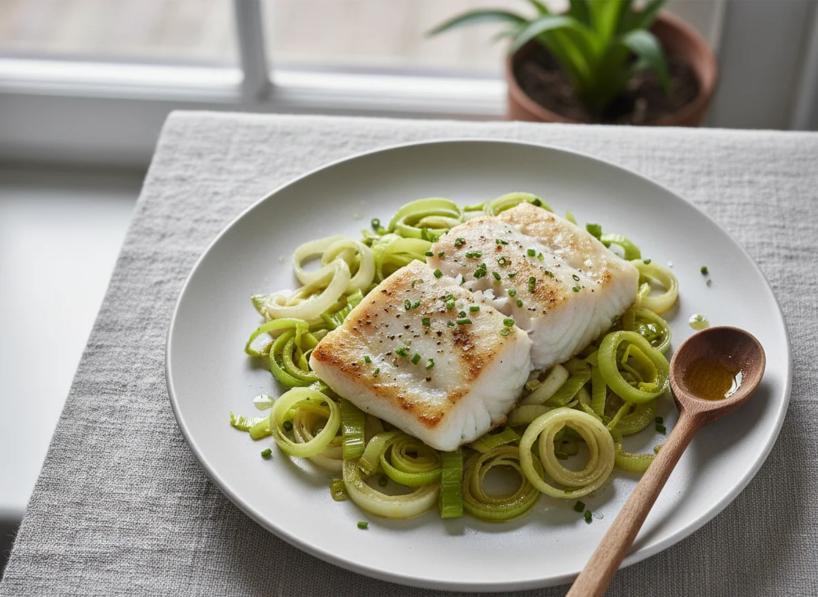 Pan-fried White Fish with Leeks photo
