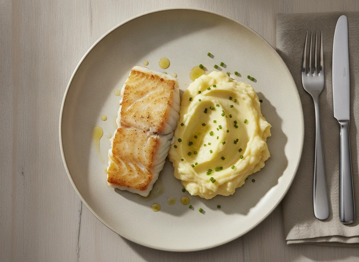 Pan-fried white fish with mashed potatoes photo