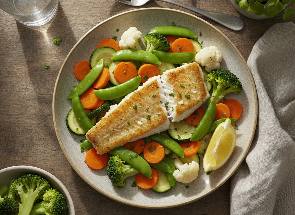 Pan-fried white fish with steamed vegetables photo