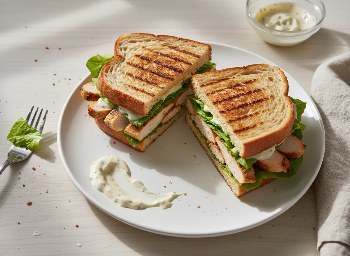 Panini with meat, lettuce and sauce photo