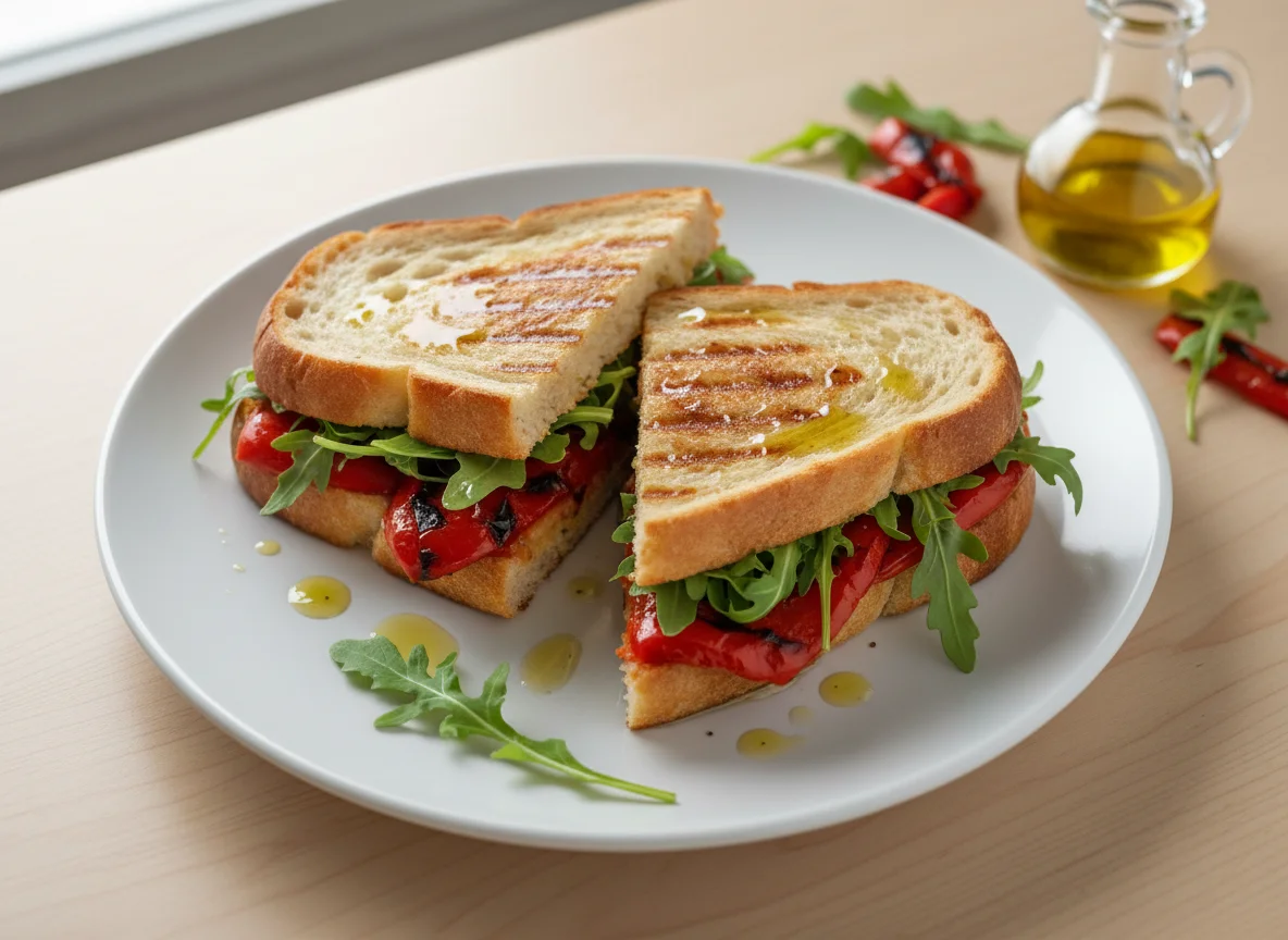 Panini with Roasted Red Peppers and Arugula photo