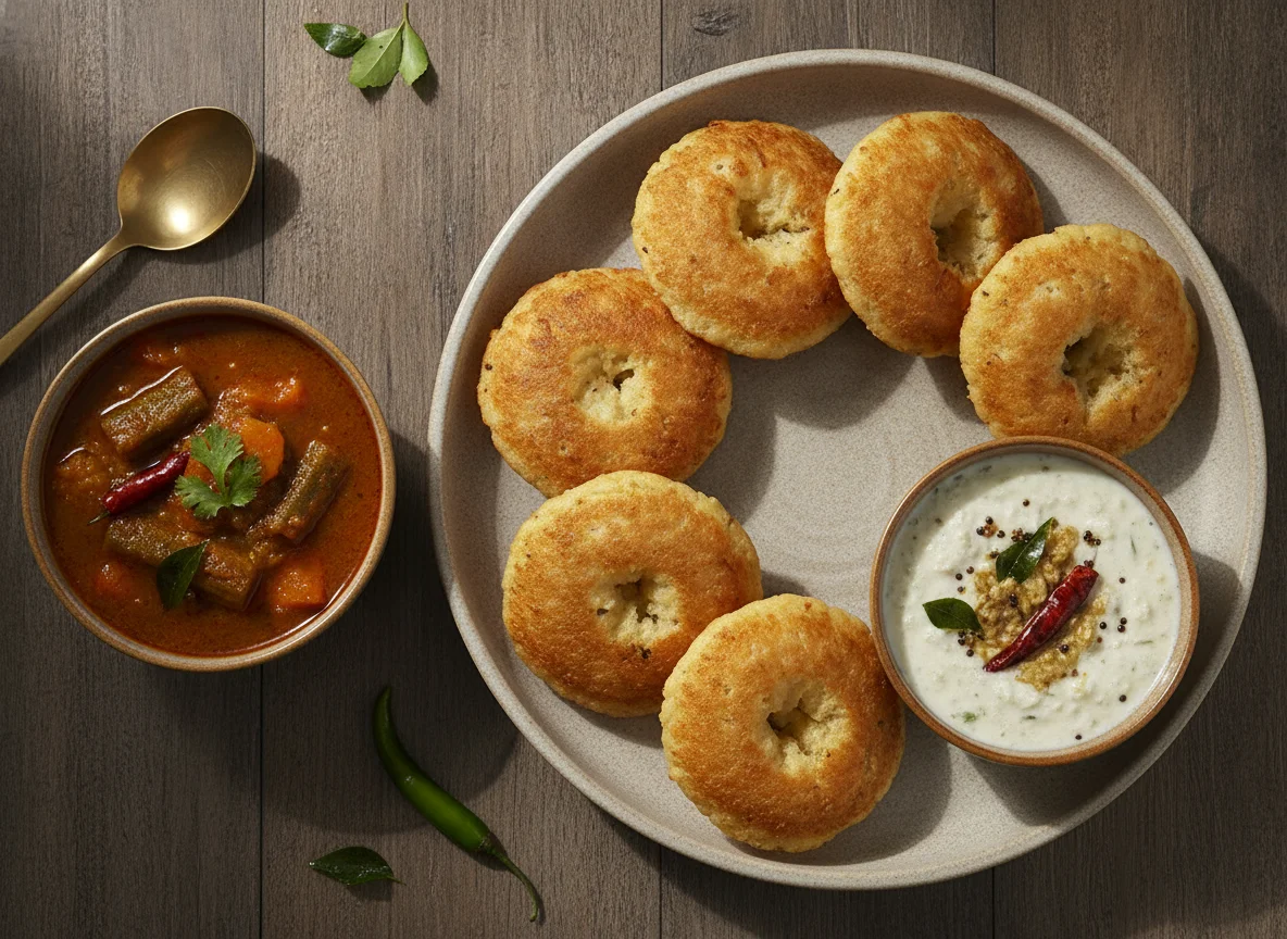 Paniyaram with Sambar and Coconut Chutney photo