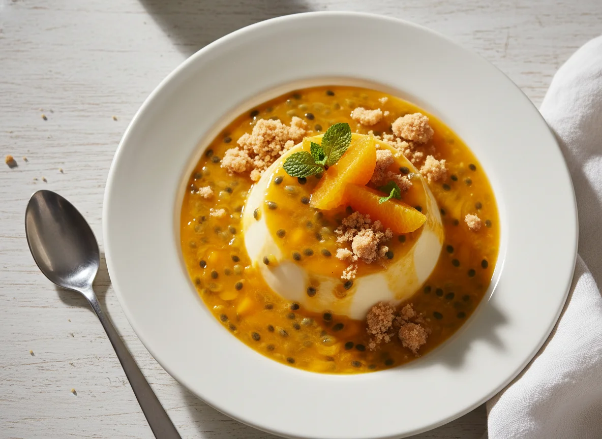 Panna Cotta with Fruit Coulis and Crumble photo