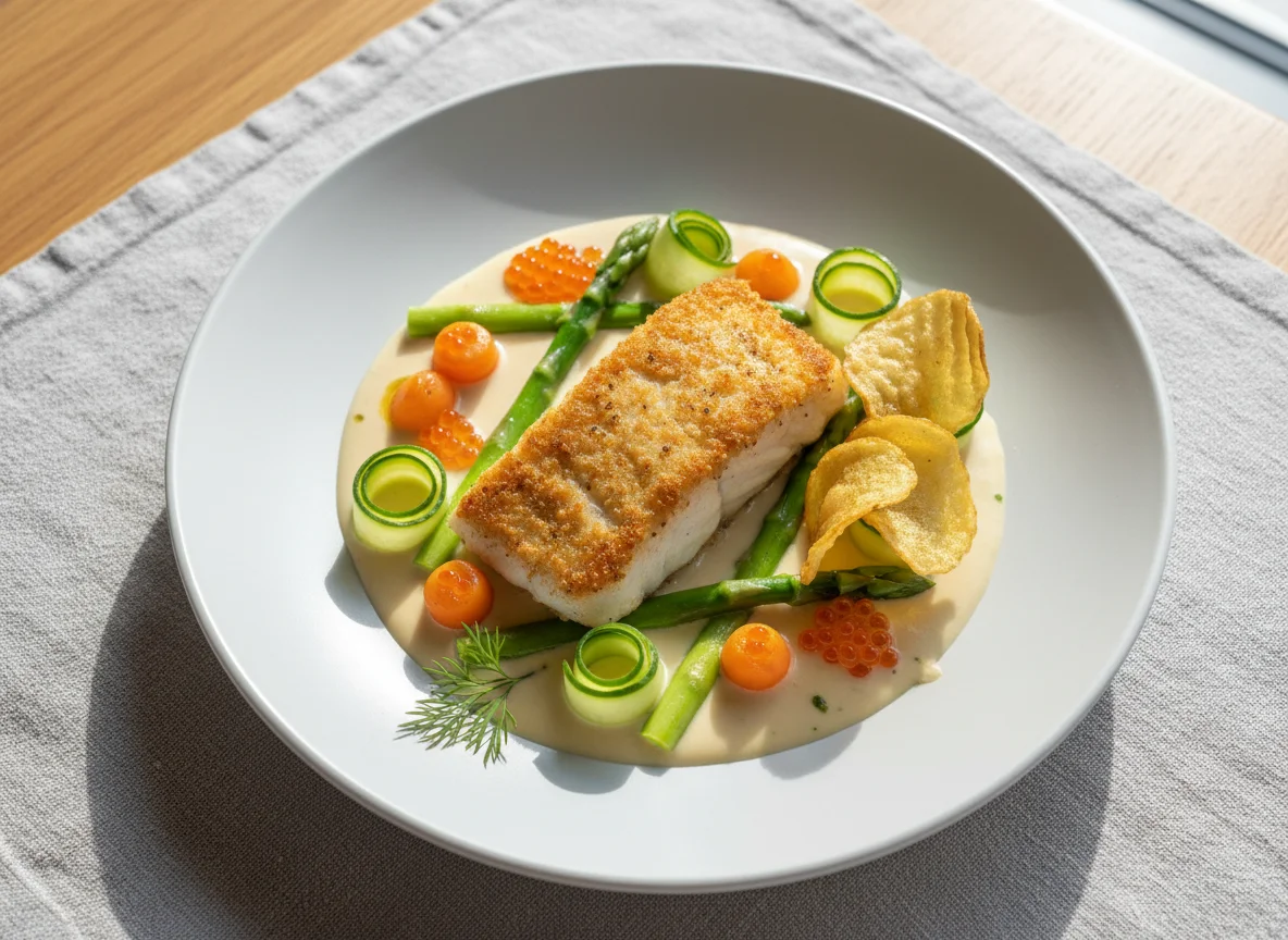 Pan-seared Fish with Cream Sauce and Vegetables photo