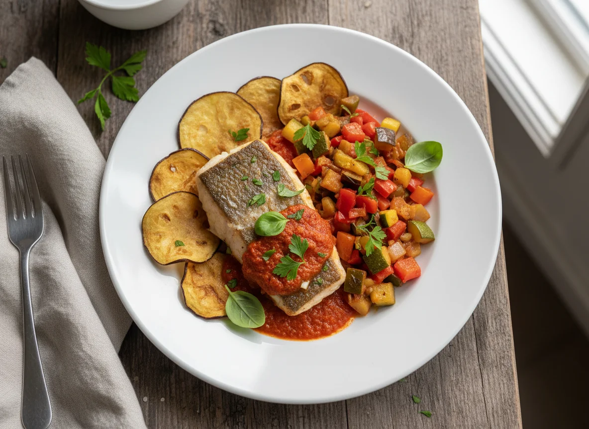 Pan-seared Fish with Ratatouille and Crispy Vegetables photo