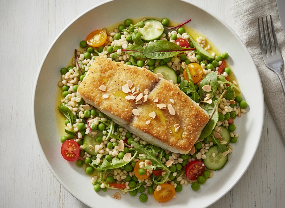 Pan-seared Kingklip with Pearl Barley Salad and Peas photo