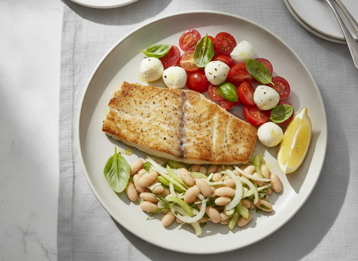 Pan-seared sablefish with caprese salad and white bean fennel slaw photo