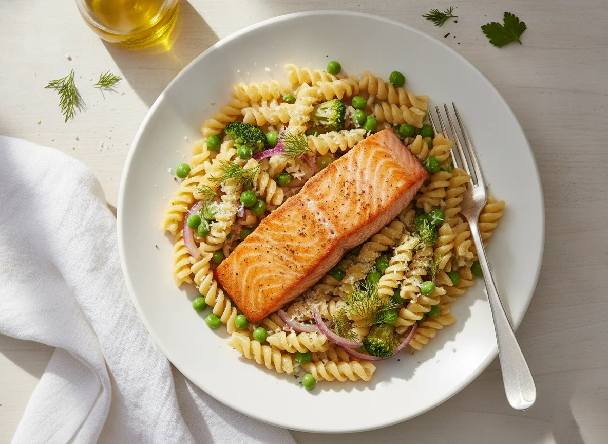 Pan-Seared Salmon with Fusilli Pasta and Peas photo