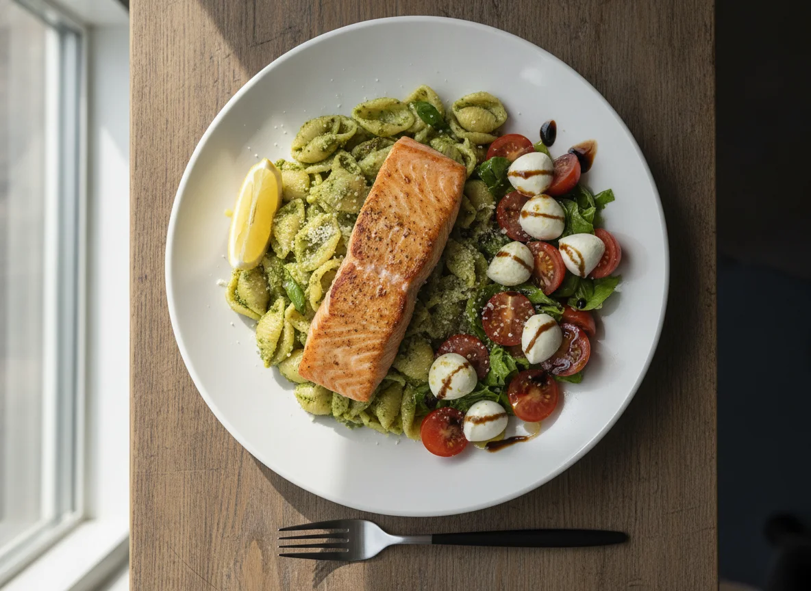 Pan-seared salmon with pesto orecchiette and caprese salad photo