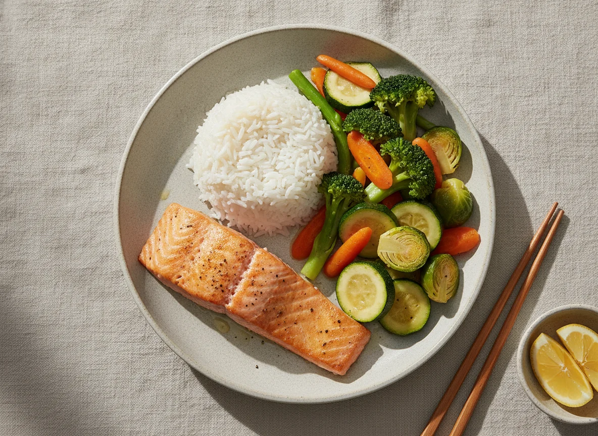 Pan-seared Salmon with White Rice and Steamed Vegetables photo