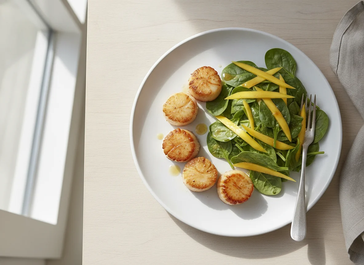 Pan-seared scallops with spinach and mango salad photo