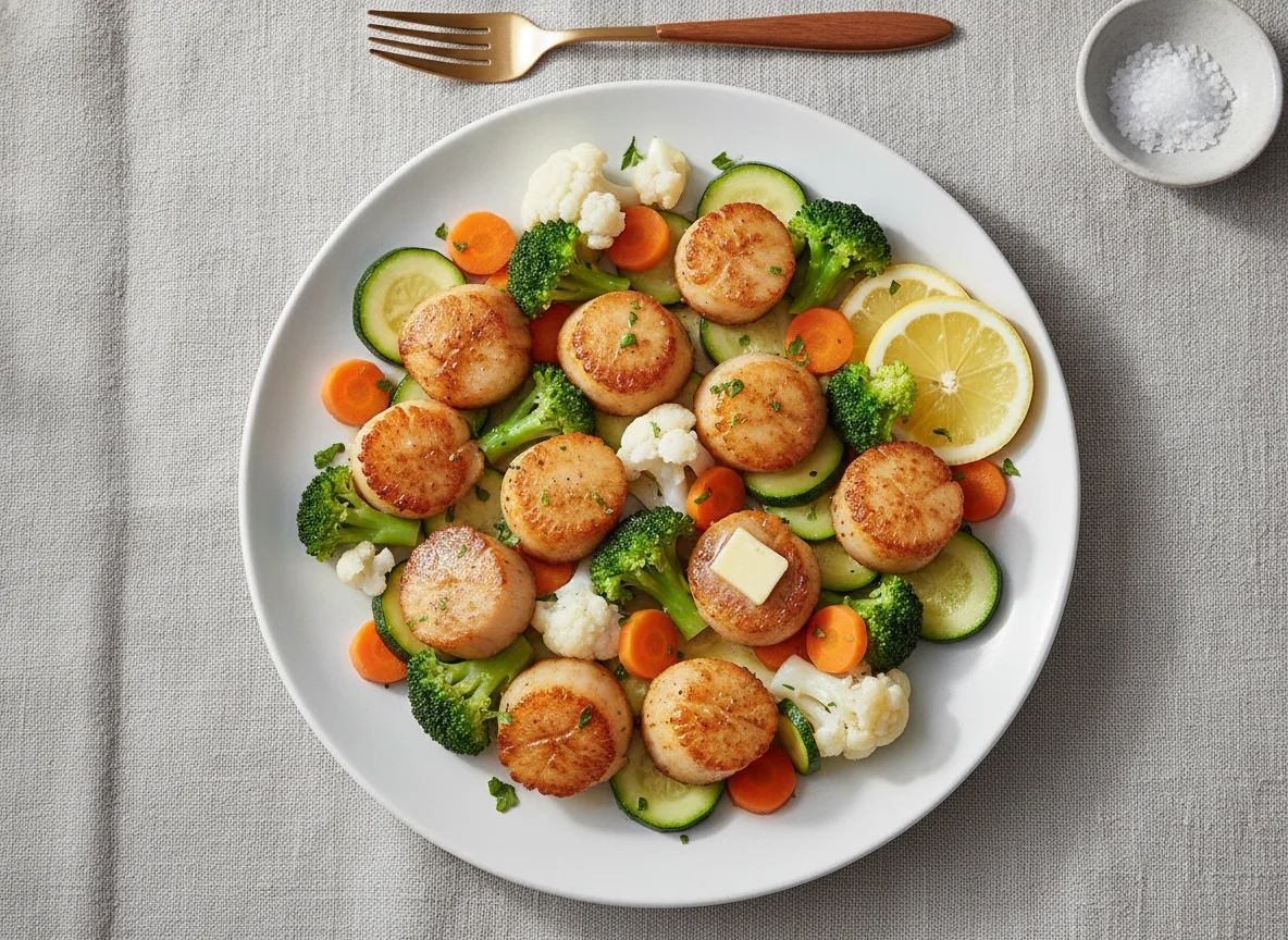 Pan-seared scallops with steamed vegetables photo