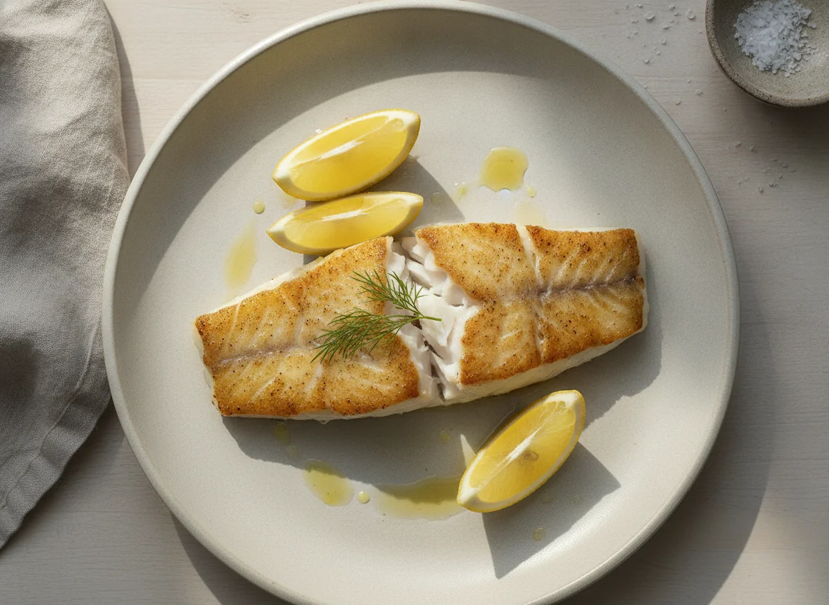 Pan-seared white fish with lemon photo