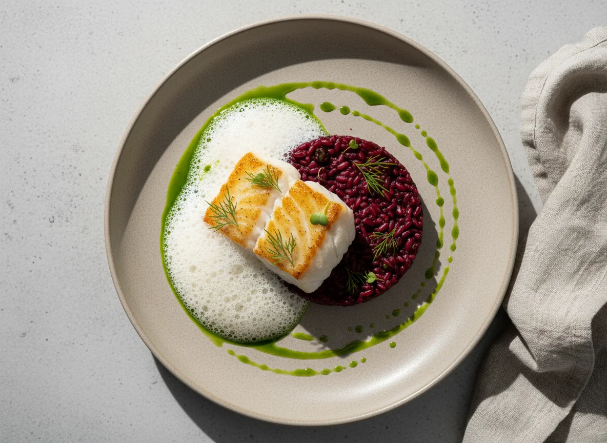 Pan-seared white fish with red wine risotto and foam sauce photo