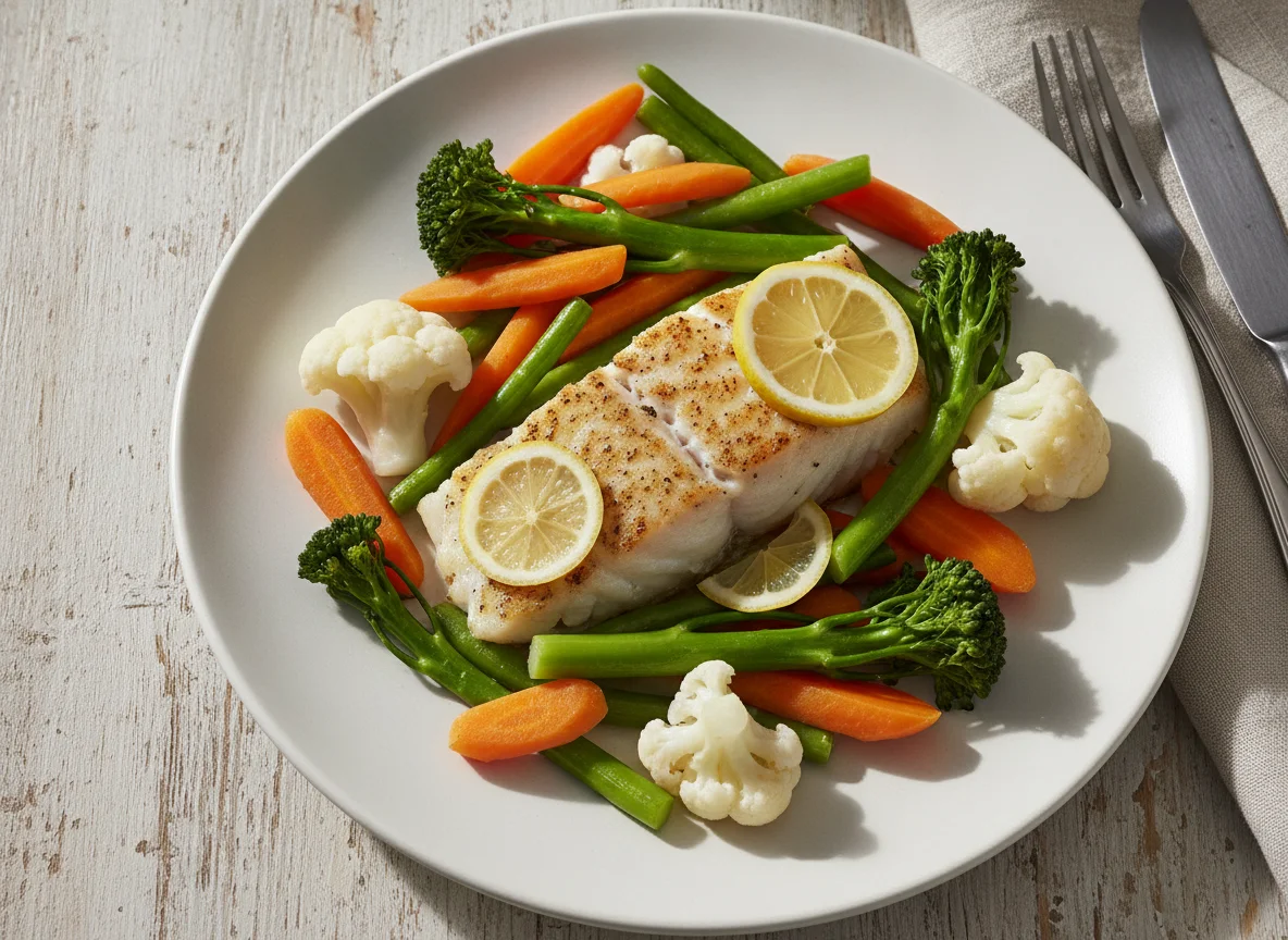 Pan-seared white fish with steamed vegetables photo