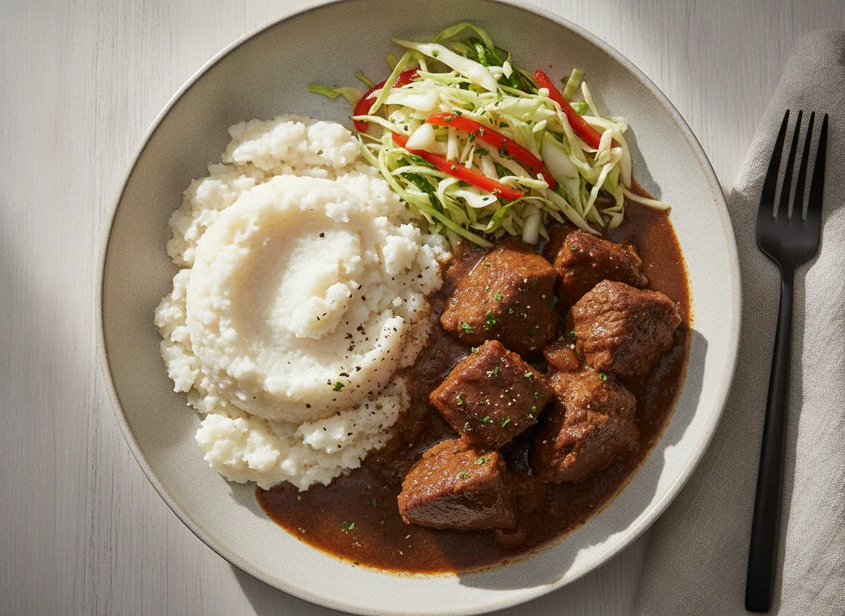 Pap with Beef Stew and Cabbage photo