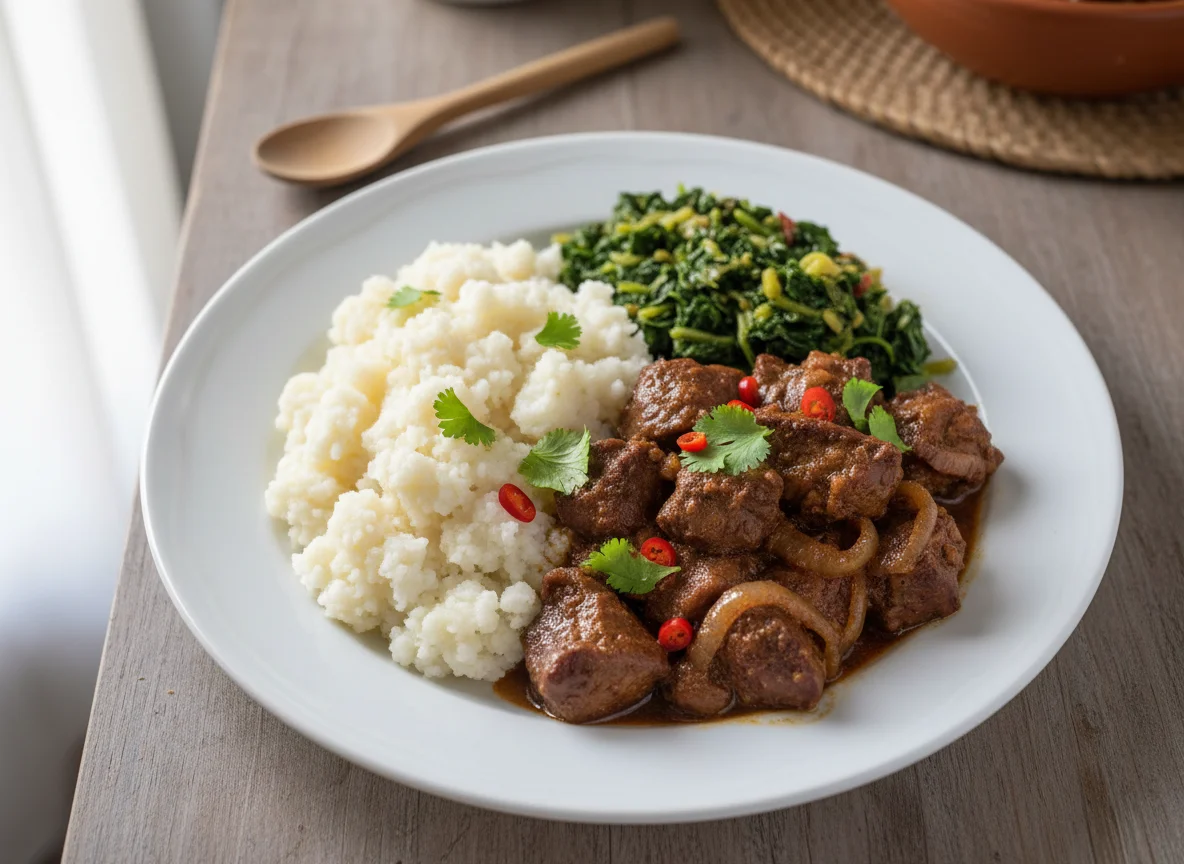 Pap with Chicken Livers and Morogo photo