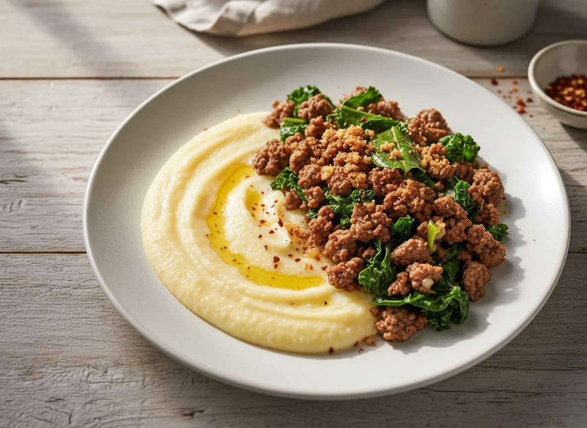 Pap with Minced Meat and Spinach photo