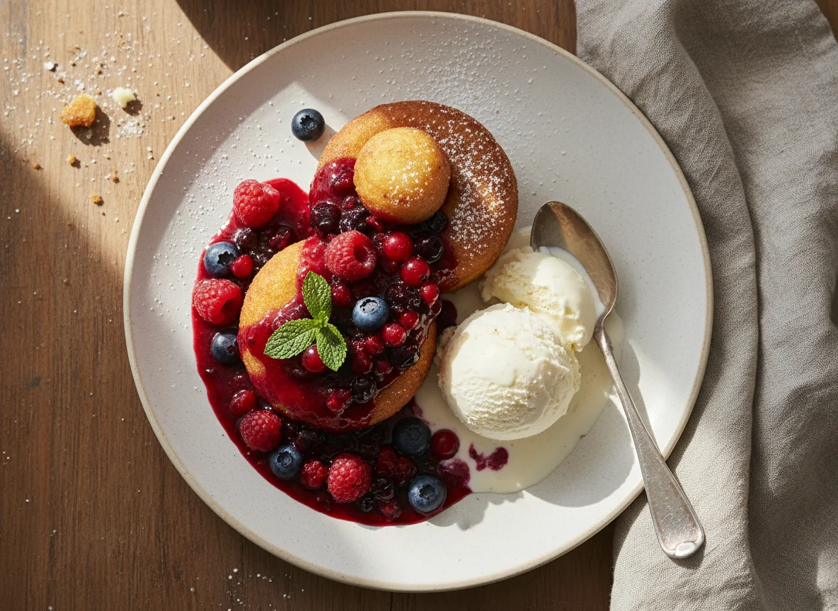 Papanasi with Berry Sauce and Ice Cream photo