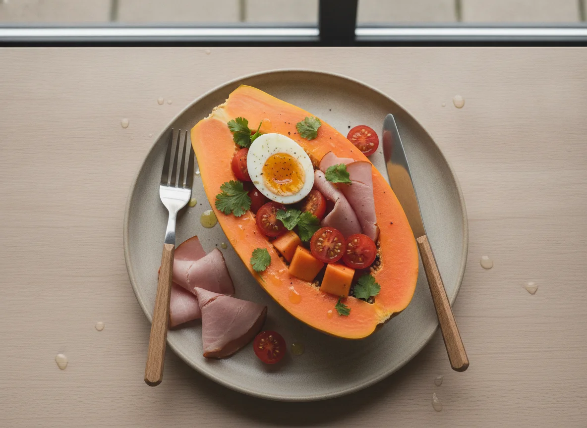 Papaya bowl with boiled eggs, ham, and tomatoes photo