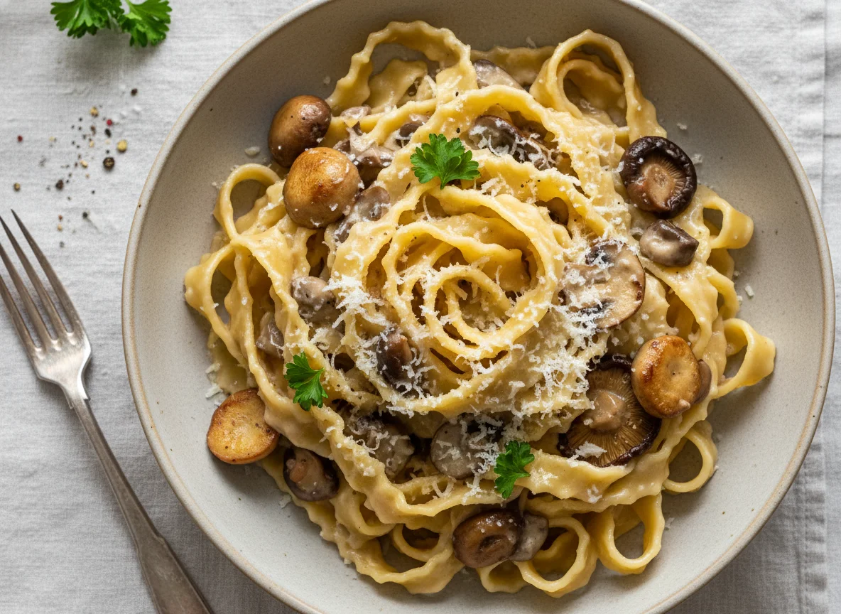 Pappardelle with Roasted Mushrooms in a Creamy White Wine Sauce with Pecorino photo