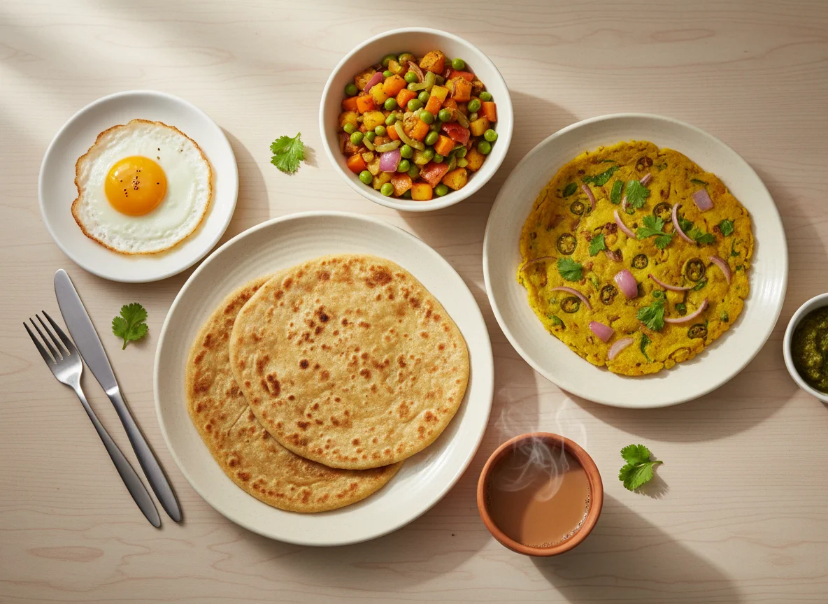 Paratha, Fried Egg, Besan Chilla, Mixed Vegetables, and Tea photo