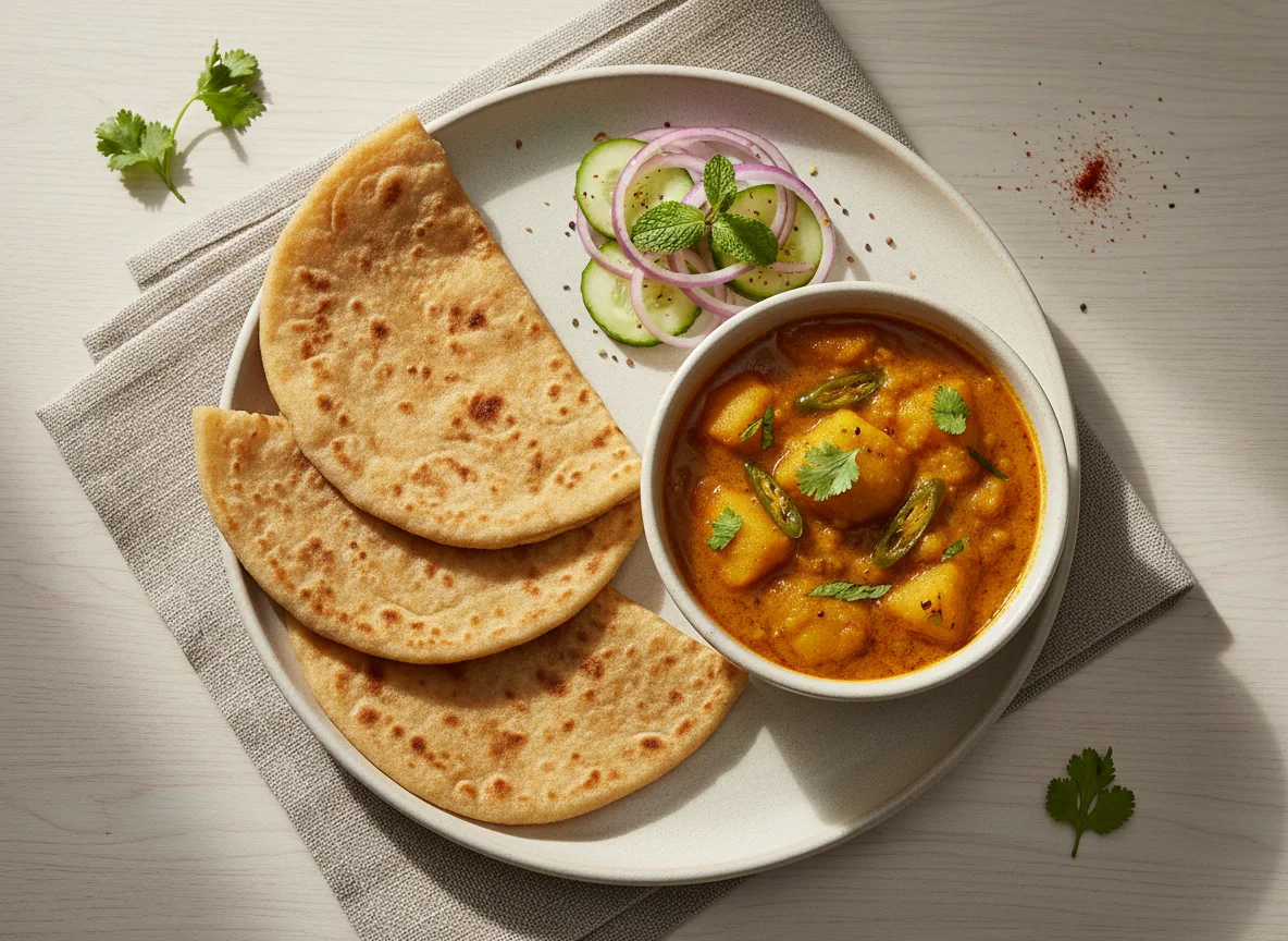 Paratha with Aloo Sabzi and Salad photo