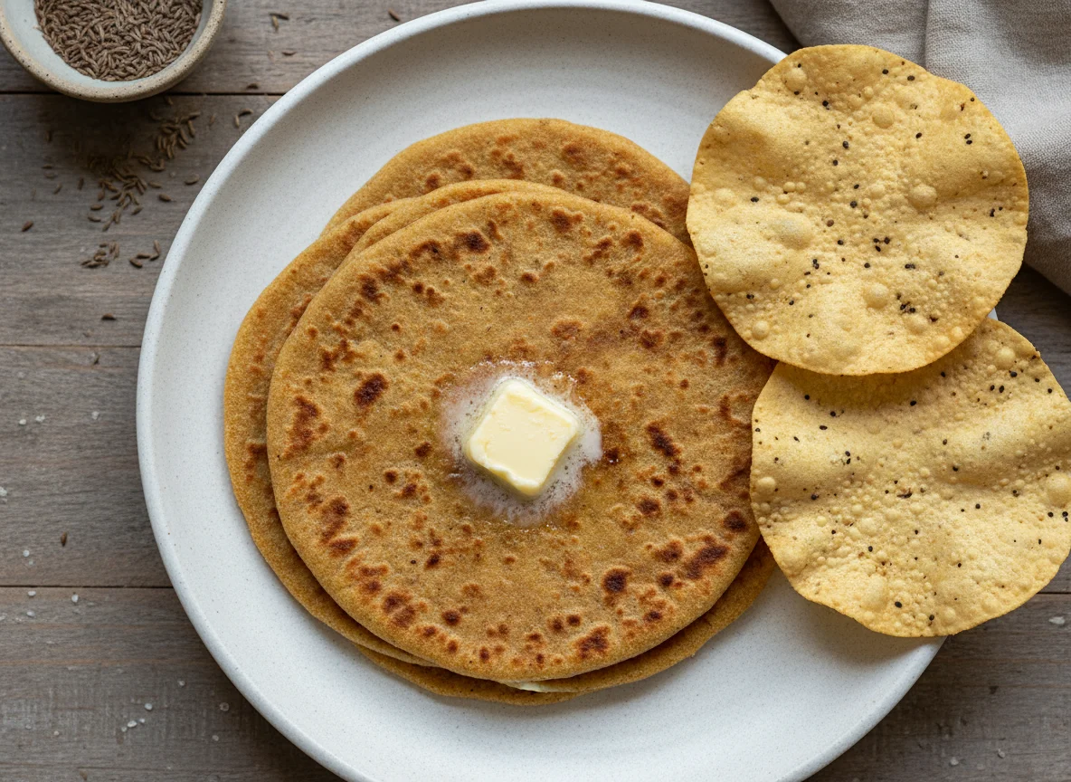 Paratha with Butter and Papad photo