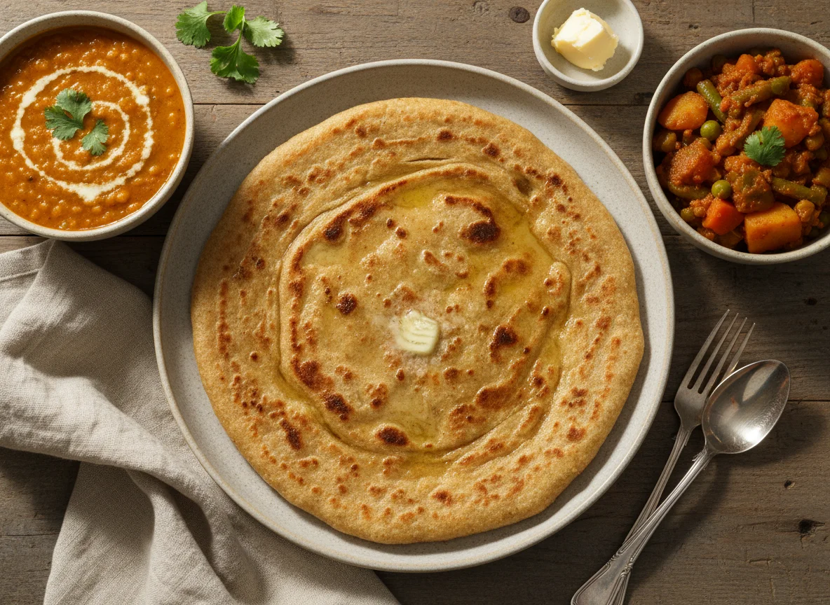 Paratha with Dal and Vegetable Curry photo