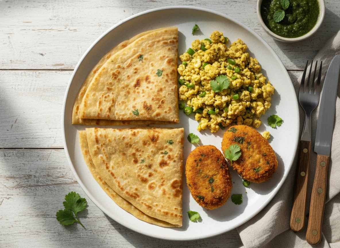 Paratha with Egg Bhujia and Cutlet photo