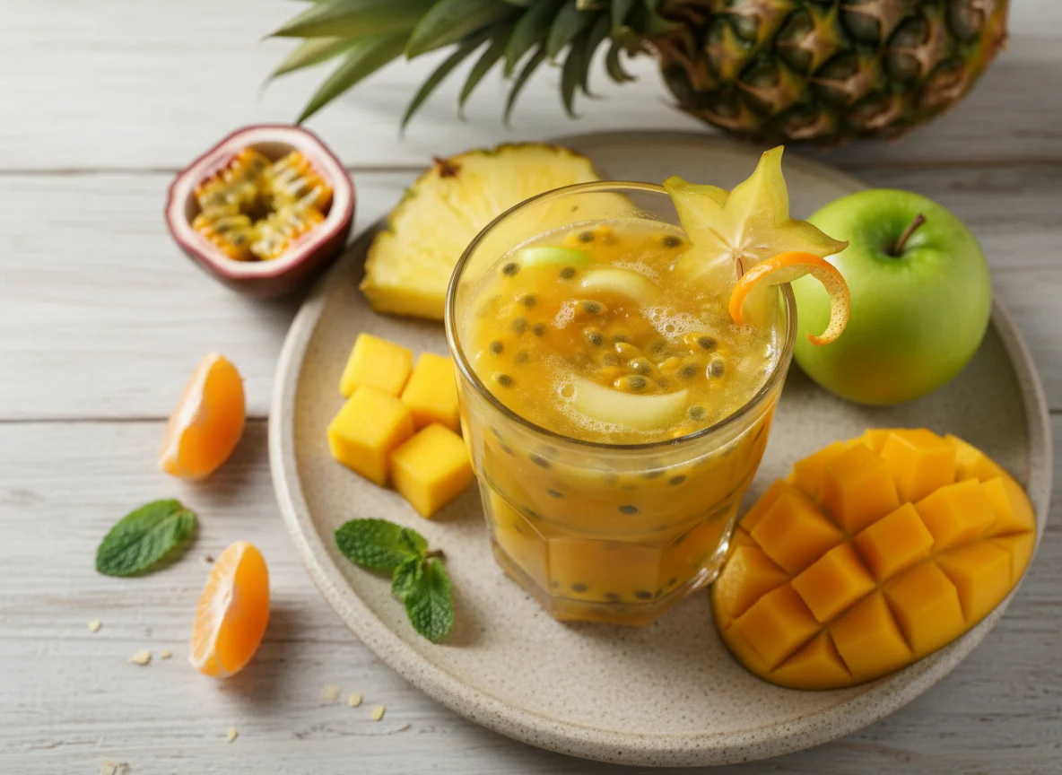 Passion fruit, apple, mandarin, pineapple, mango juice photo