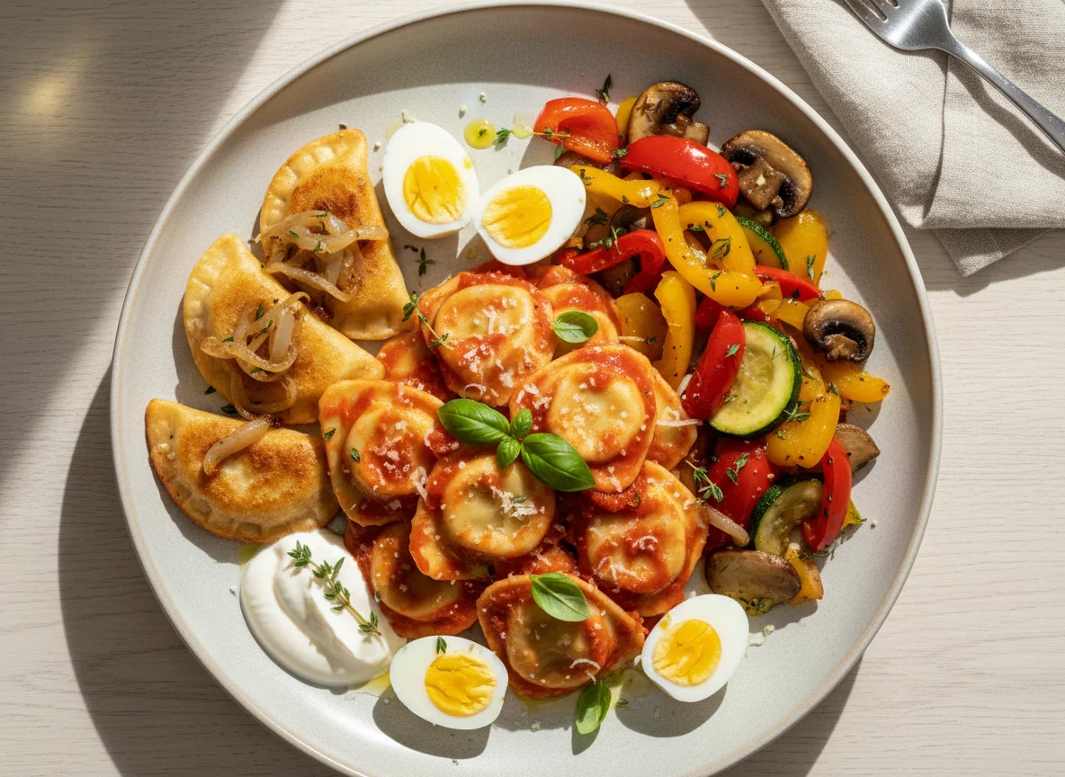 Pasta and Pierogi with Vegetables and Quail Eggs photo
