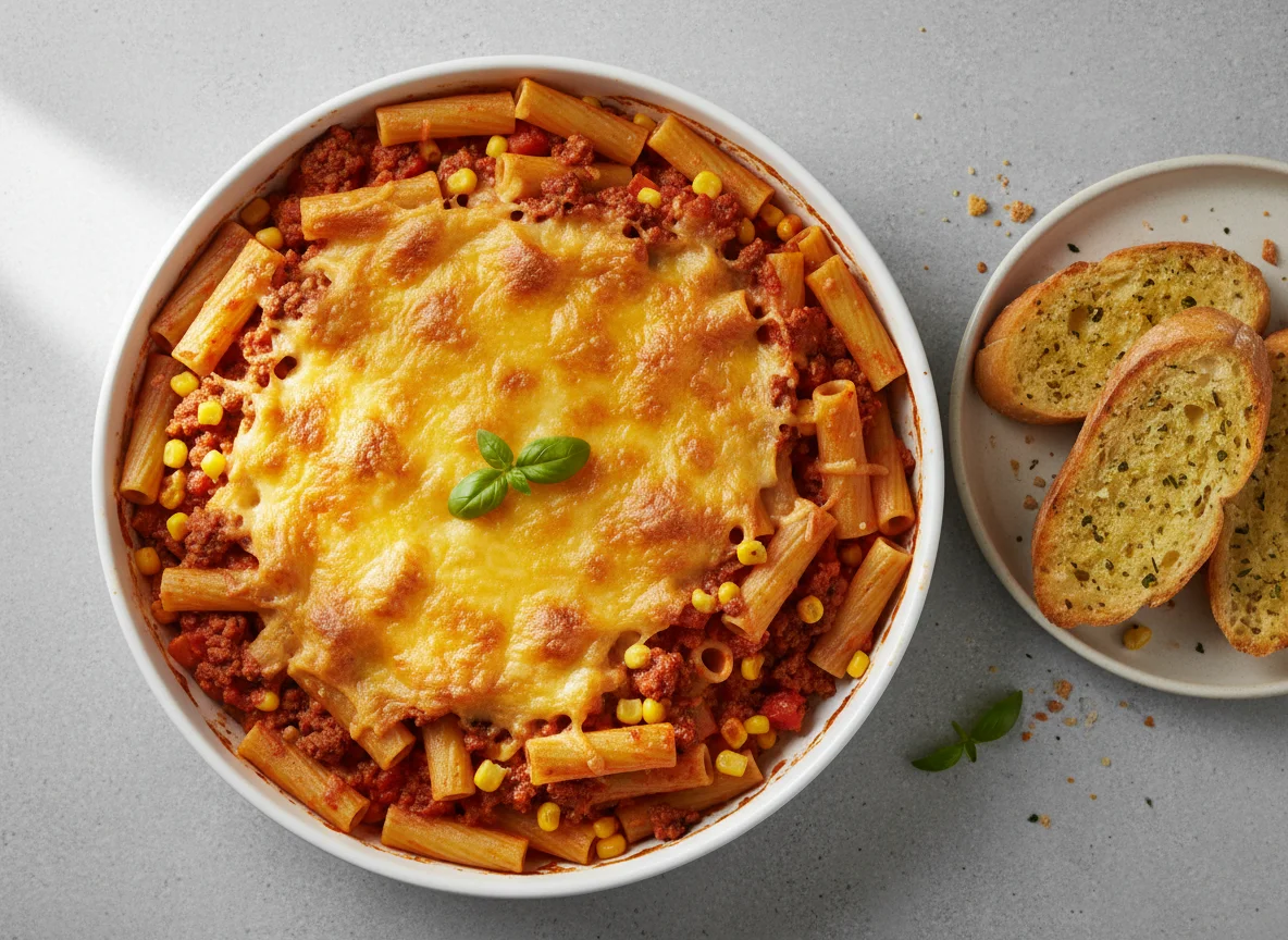 Pasta Bake with Garlic Bread photo