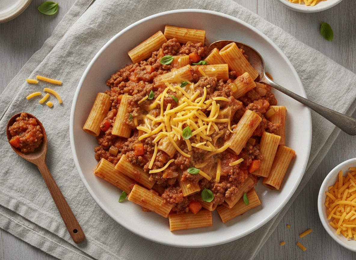 Pasta Bolognese with Cheddar Cheese photo