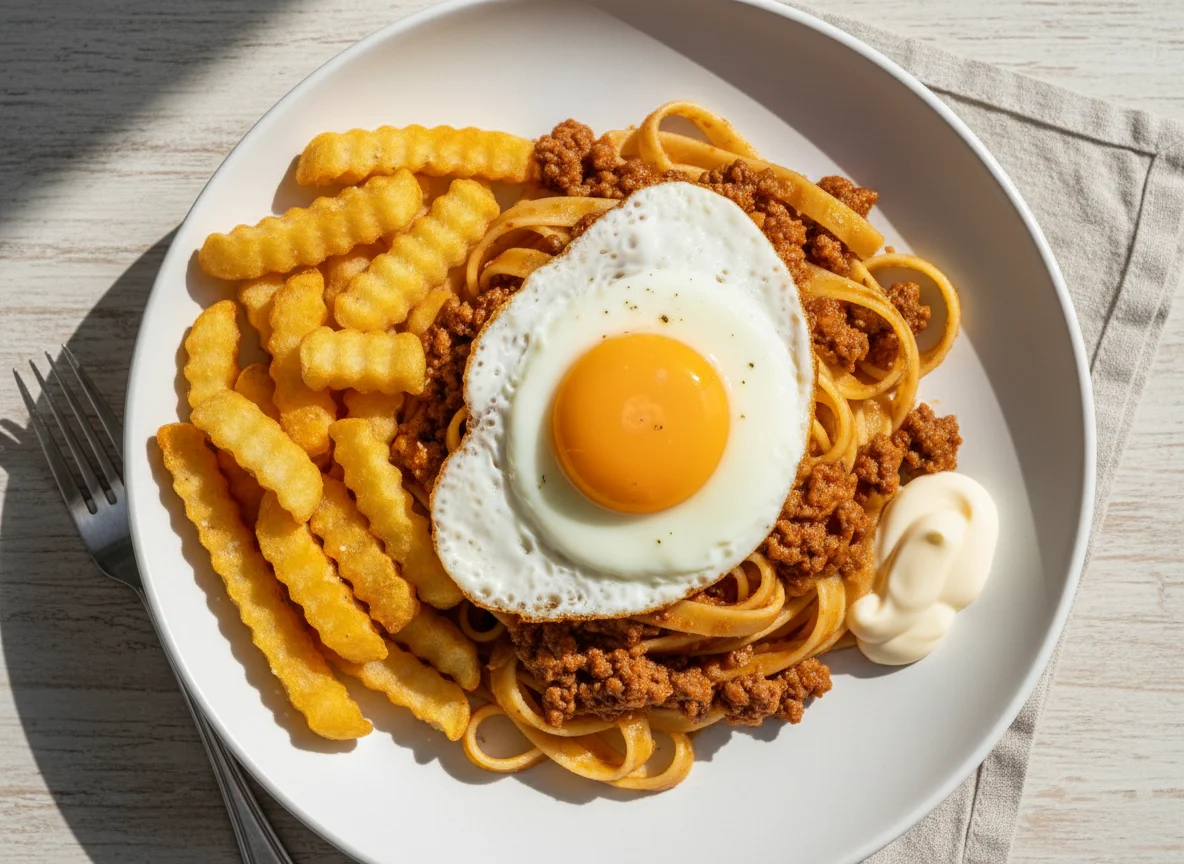 Pasta Bolognese with Fried Egg, Chips and Mayonnaise photo
