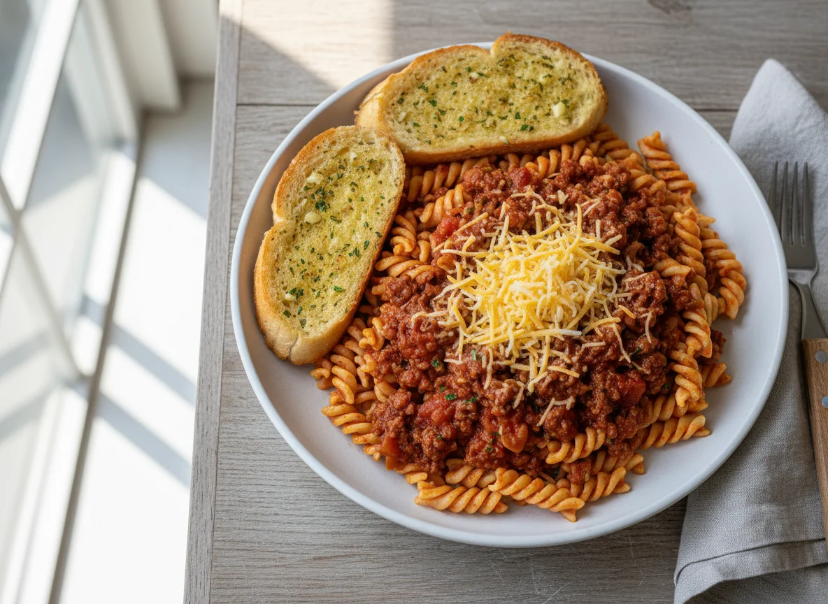 Pasta Bolognese with Garlic Bread photo