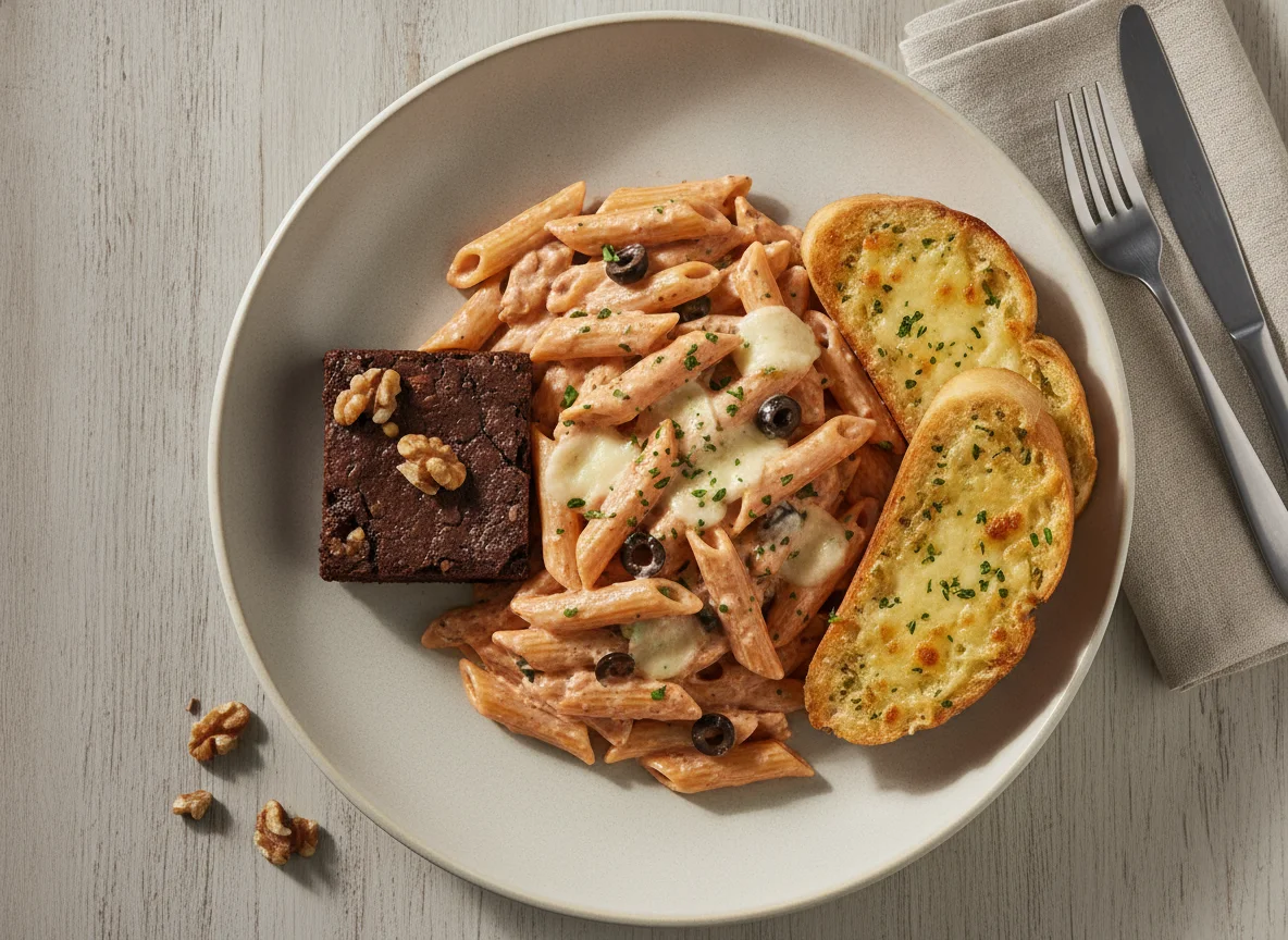 Pasta in Pink Sauce with Garlic Bread and Brownie photo