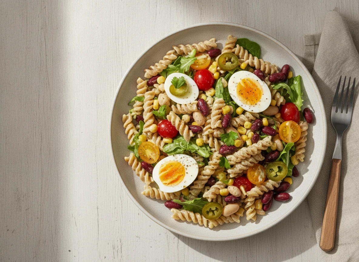 Pasta Salad with Boiled Egg and Mixed Vegetables photo