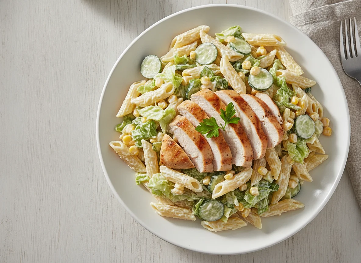 Pasta salad with chicken and vegetables photo