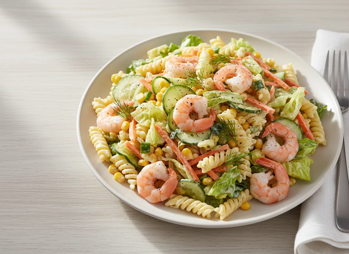 Pasta Salad with Cooked Prawns, Cucumber, Carrots and Sweetcorn photo