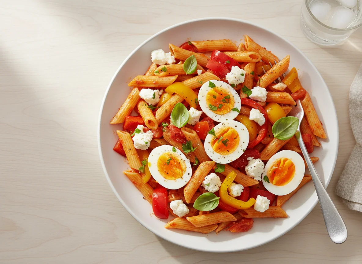 Pasta salad with feta, bell peppers, and hard-boiled eggs photo