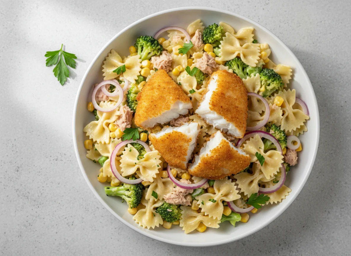 Pasta salad with fried fish photo