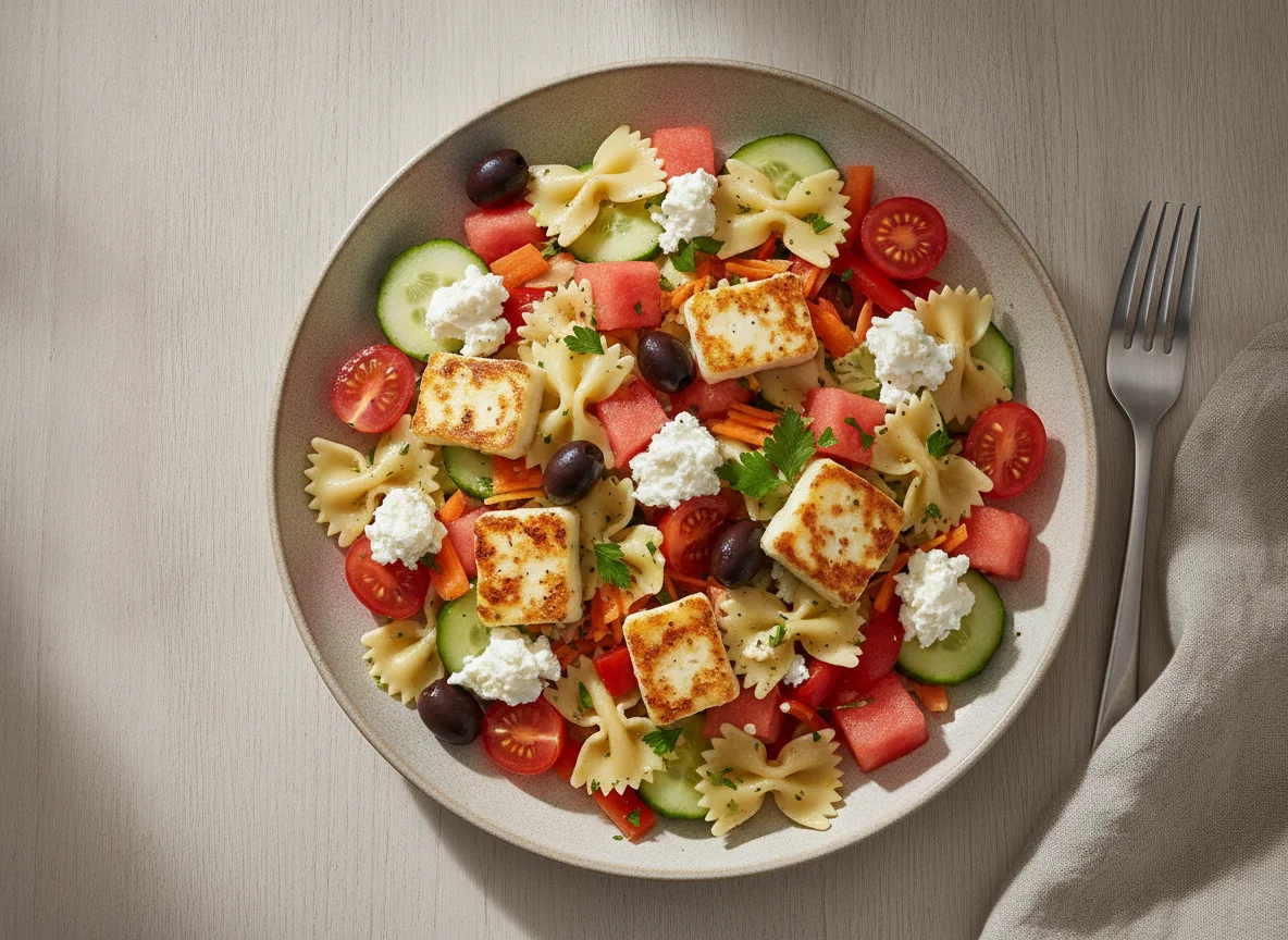 Pasta salad with halloumi and soft cheese photo