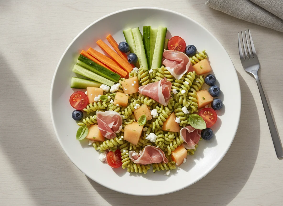 Pasta salad with melon, prosciutto, and vegetable sticks photo