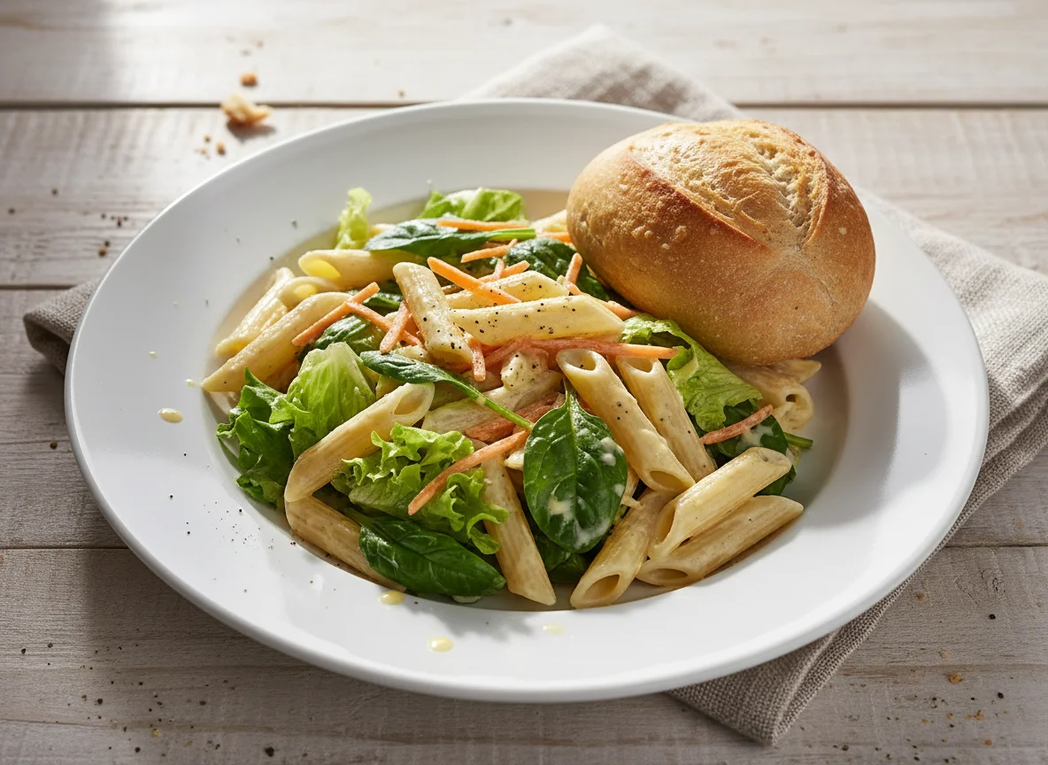 Pasta Salad with Mixed Greens and Bread photo