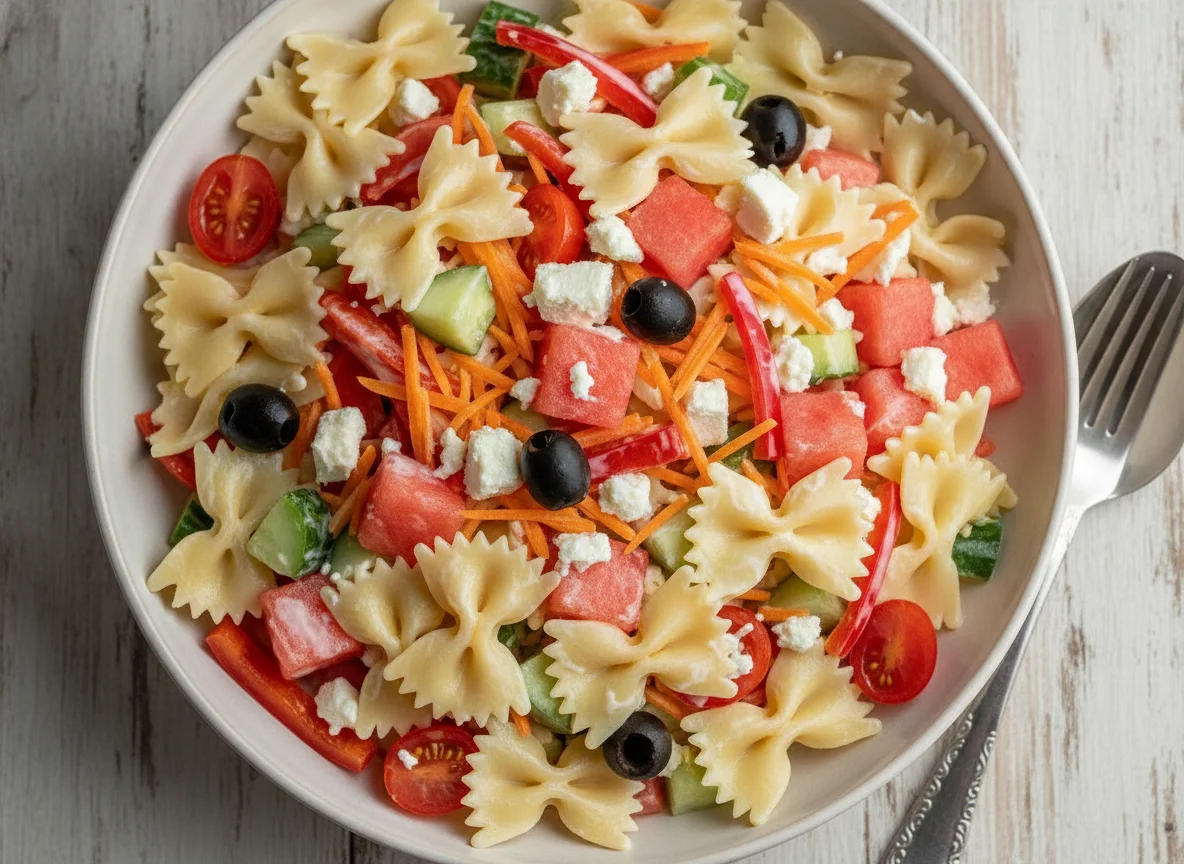 Pasta salad with vegetables and watermelon photo