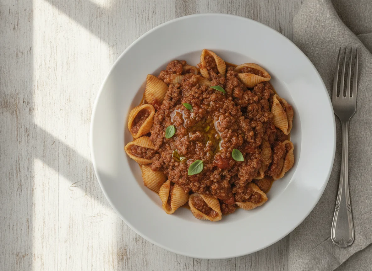 Pasta shells with bolognese sauce photo