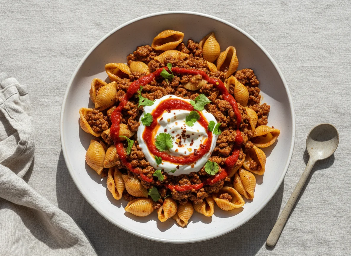 Pasta shells with meat sauce, yogurt, and chili sauce photo